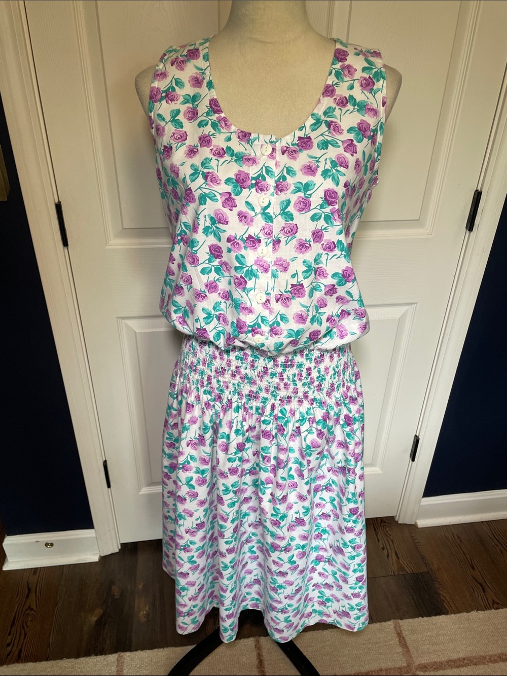 Vintage 80s Jodi Schwartz Bill Berman Floral Smocked Drop Waist Midi Dress Sz M